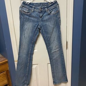 Grace in LA Jeans Bootcut 28x32 Denim Blue Flap Pockets Thick Stitch Bling